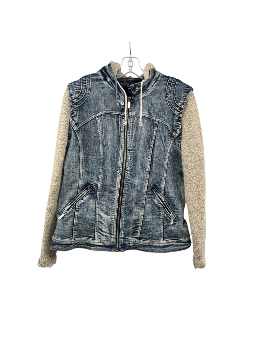 LA Coalition Womens Jean Knit Jacket Full Zip Hooded Zip Pocket Multicolor M